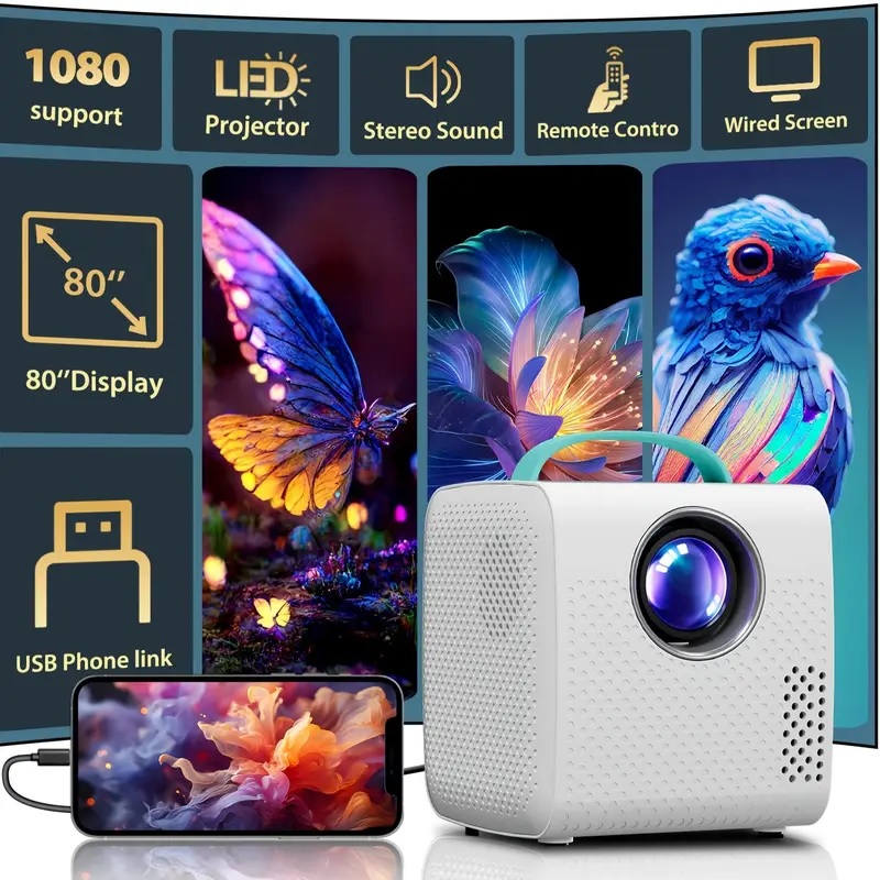 Мини преносим проектор за деца 1080P с LED технология: Идеален за домашно кино и офис, с вграден високоговорител и дистанционно управлени