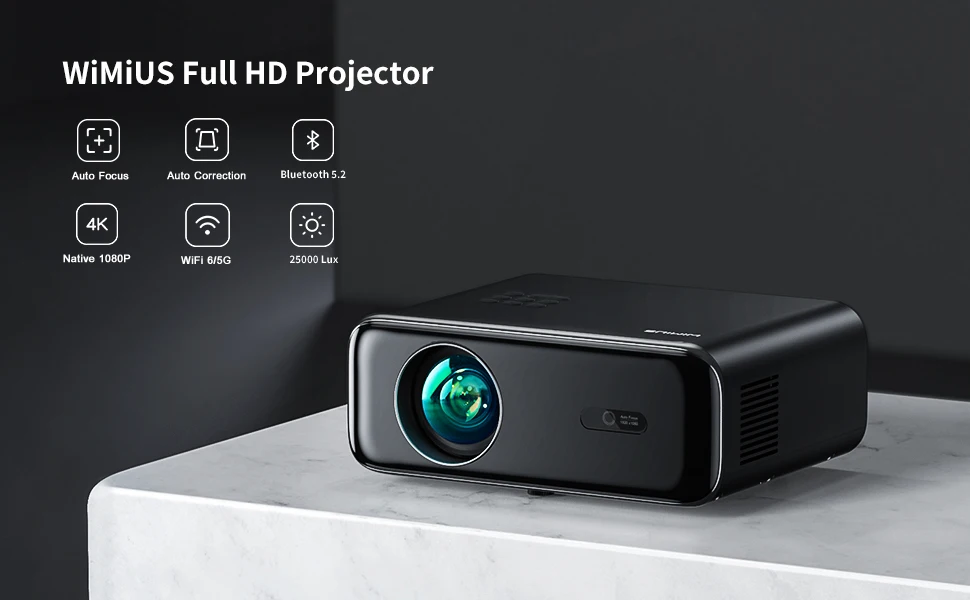 WiMUS 4K Проектор с Автофокус и WiFi 6: 1080P, 600 ANSI, Bluetooth 5.2 и 6D Keystone