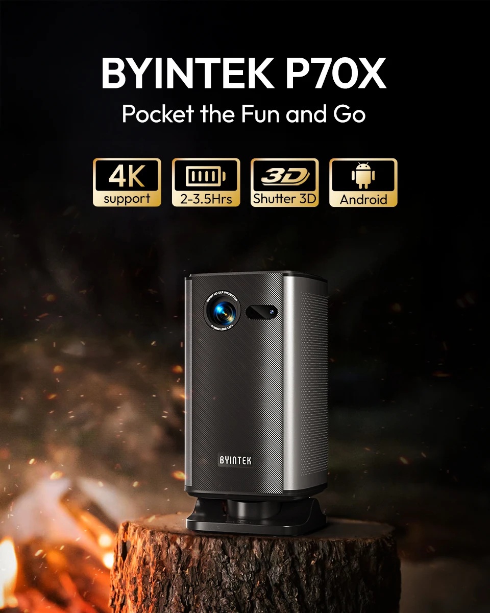 Преносим проектор BYINTEK X7 с 4K, 3D, Wi-Fi и вградена батерия – Идеален за филмови вечери на открито